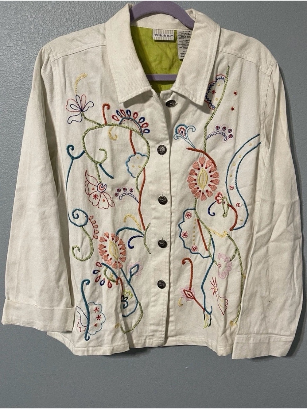 White Stag Embroidered Floral Jacket Womens Large Ivory Denim Boho Folk Art